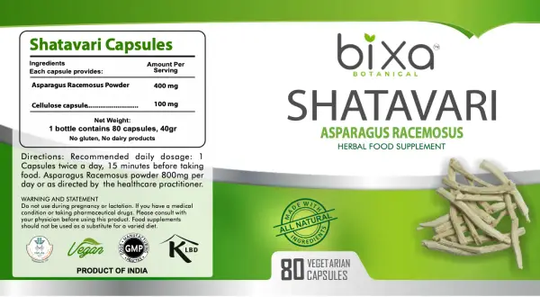 Bixa Shatavari Kapseln mit Asparagus Racemosus Pulver. Die Shatavari Wirkung wird durch die natürlichen Inhaltsstoffe unterstützt. 80 vegetarische Kapseln.