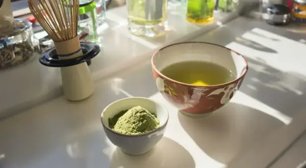 Grüner Sencha Tee, Pulver und aufgebrühter Tee. Die Zubereitung für die belebende Sencha Tee Wirkung.