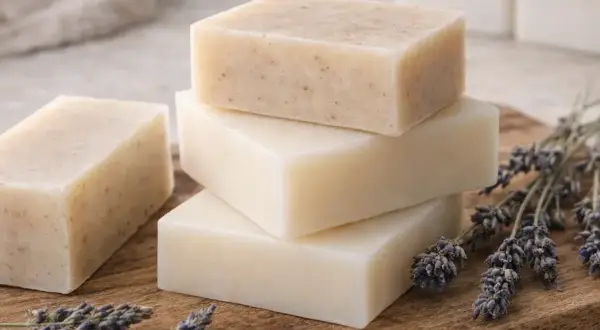 Selbstgemachte Seife aus Kernseife, duftend mit Lavendel. Ein Stück mit Körnern, daneben drei glatte Seifenstücke.