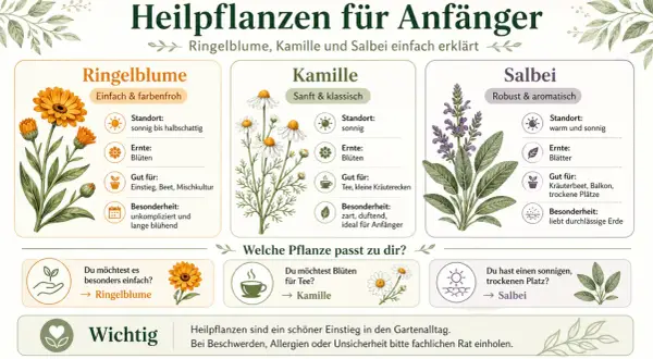 Die 10 wichtigsten Heilpflanzen: Ringelblume, Kamille und Salbei für Anfänger erklärt. Illustrationen zeigen die Pflanzen und ihre Eigenschaften.