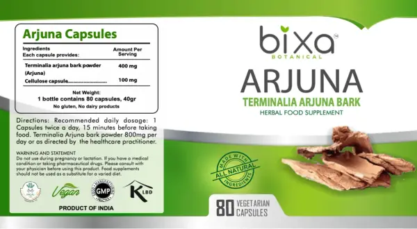 Arjuna Kapseln mit Terminalia Arjuna Rinde, bekannt für ihre positive Arjuna Wirkung auf das Herz. 80 vegetarische Kapseln.
