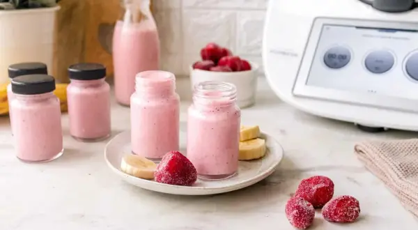 Erfrischender Erdbeer-Bananen-Smoothie, zubereitet im Thermomix. Kleine Gläser mit dem rosa Getränk, garniert mit frischen Früchten.
