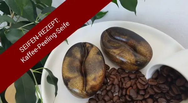Zwei Kaffeebohnen-Seifen, ideal zum **peeling seife selber machen**. Mit Kaffeebohnen und Grünpflanzen dekoriert.
