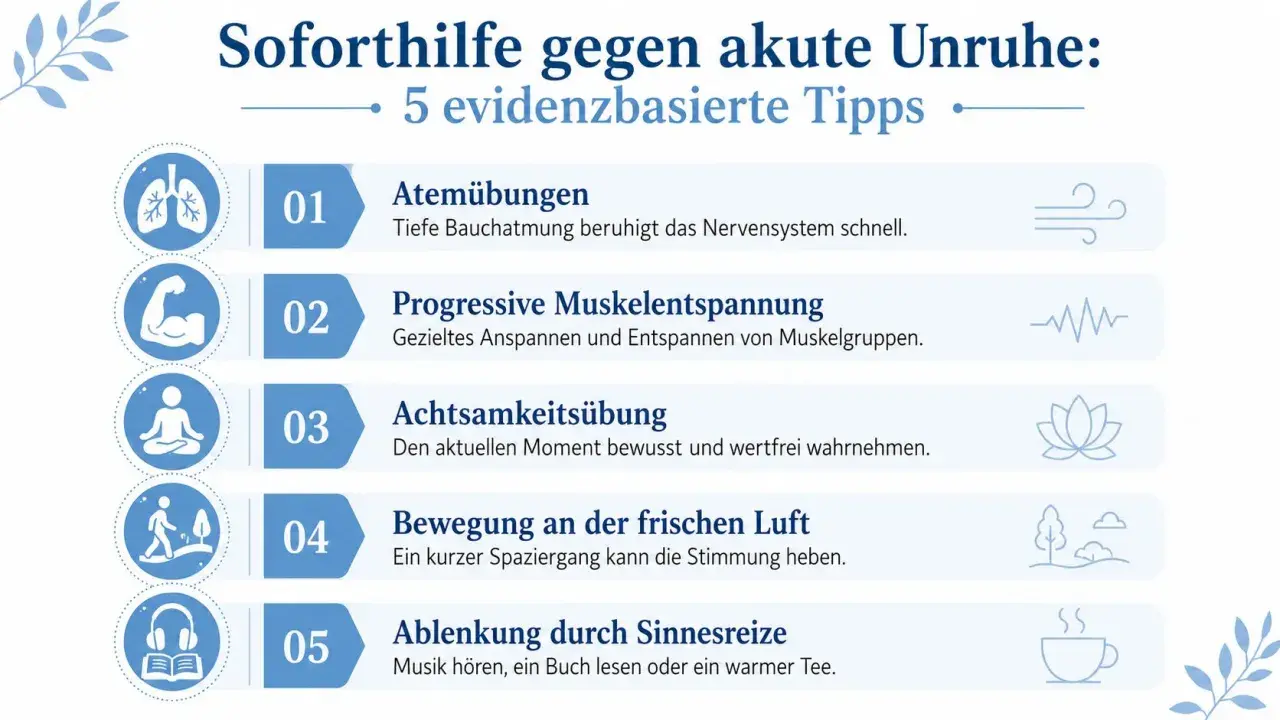 Soforthilfe bei innerer Unruhe: 5 Tipps wie Atemübungen, Muskelentspannung, Achtsamkeit, Bewegung & Sinnesreize helfen.