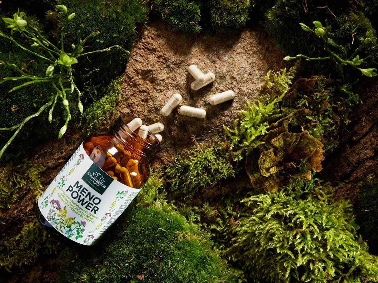 Braune Kapsel-Flasche mit "Meno Power" und Rotklee-Symbolen, umgeben von Moos und Steinen. Hilft bei der Bewältigung von Wechseljahrsbeschwerden, einschließlich möglicher Gewichtszunahme.