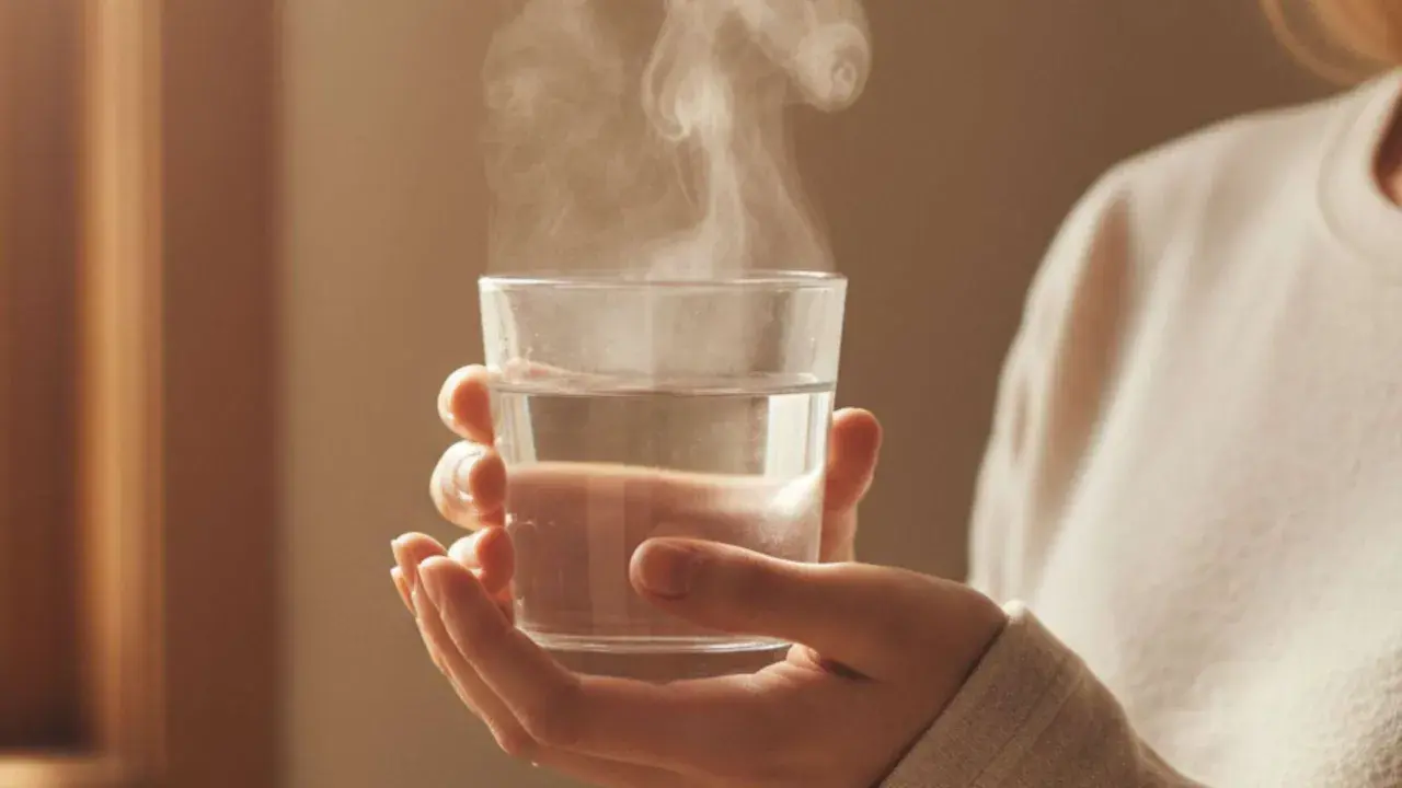 Hände halten ein Glas mit dampfendem, abgekochtem Wasser. Ein Schluck davon kann gesund sein.