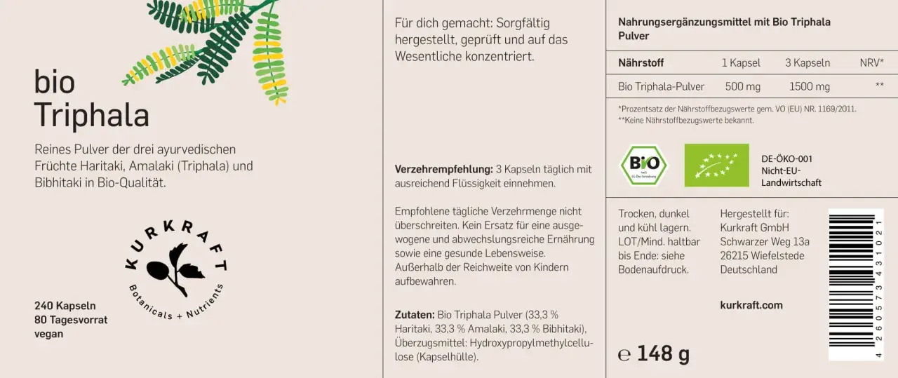 Bio Triphala Kapseln: Reines Pulver aus drei Früchten. Die Triphala Wirkung auf die Haut wird in der ayurvedischen Lehre geschätzt. 240 Kapseln, vegan.