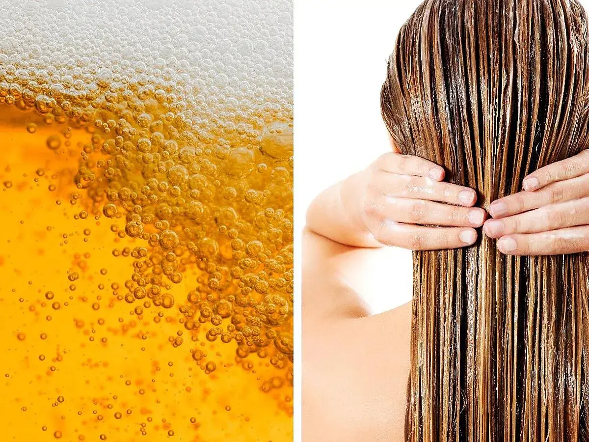 Schaumiges Bier und nasse Haare. Ein Hausmittel gegen Haarausfall: Haare mit Bier waschen.