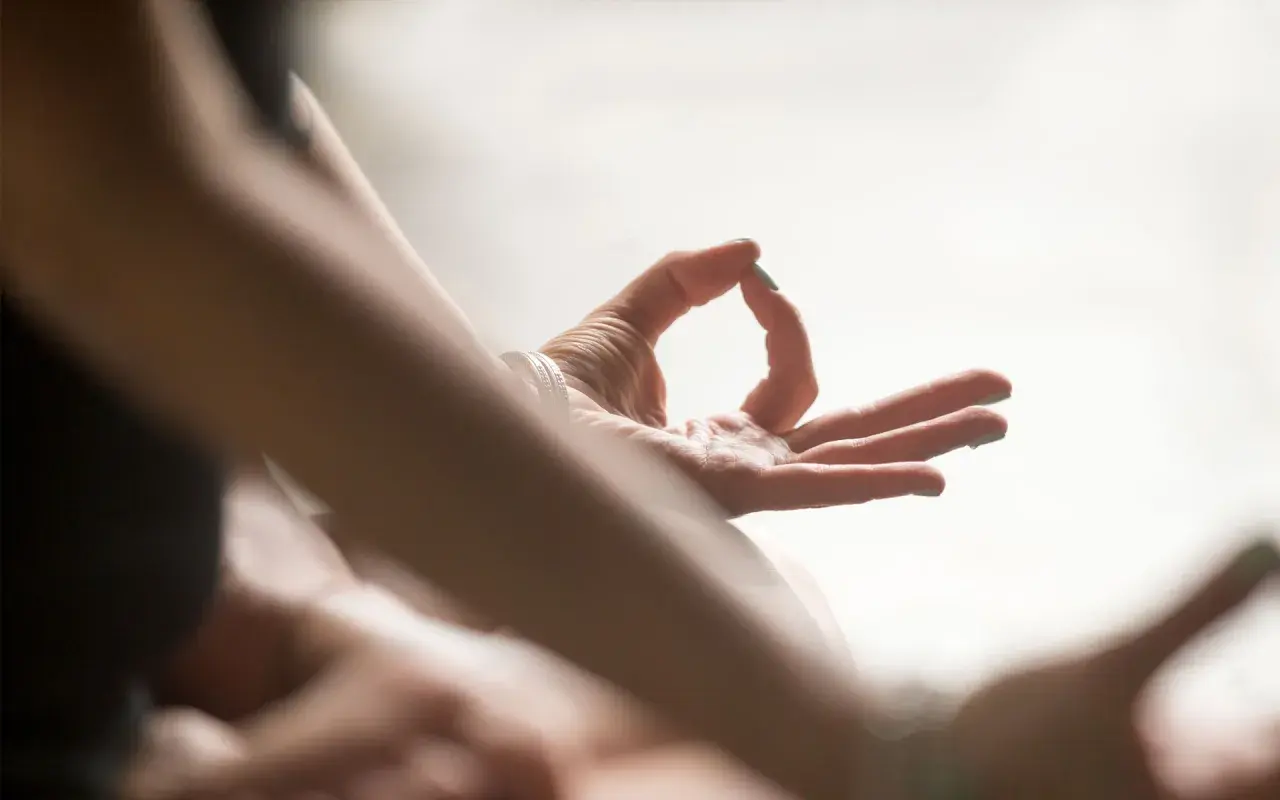 Nahaufnahme einer Hand in Mudra-Geste, die die "Om Tare Tuttare Wirkung" symbolisiert.