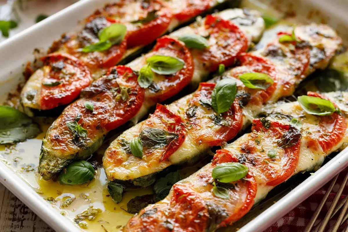 Gebackene Zucchini mit Tomaten und Käse, ein leckeres Gericht für Rezepte, um 10 kg abnehmen in Wechseljahren.