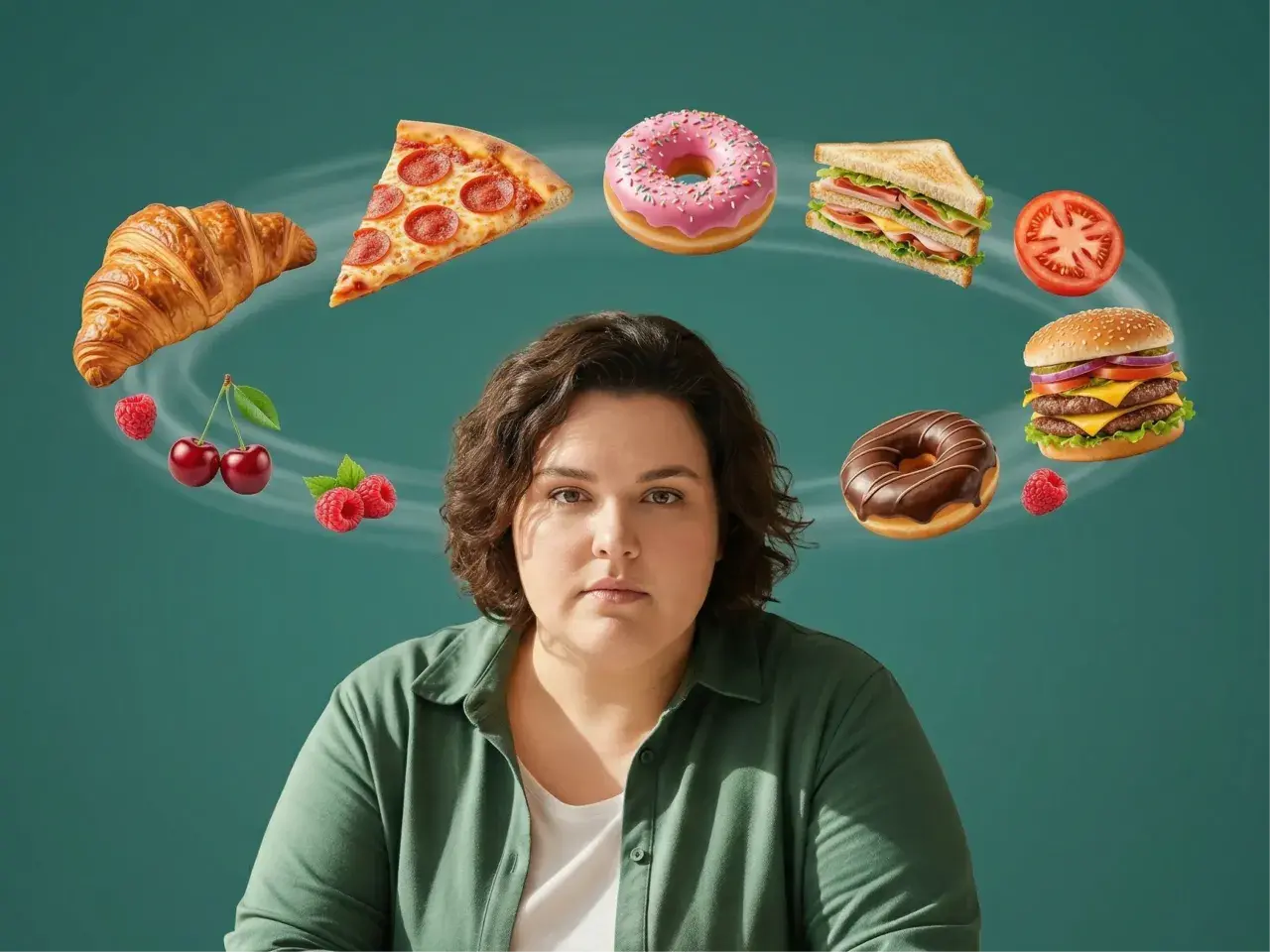 Frau mit ernstem Blick, umgeben von einem Wirbel aus verlockenden Leckereien wie Pizza, Donuts und Burgern. Der **food noise** ist laut.