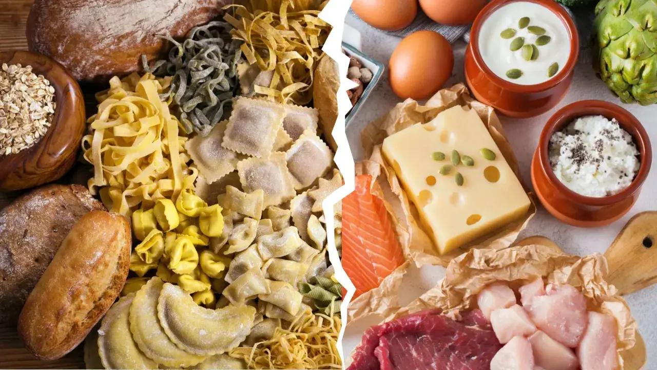 Links: Brot, Nudeln, Haferflocken. Rechts: Eier, Käse, Fisch, Fleisch, Joghurt. So funktioniert Trennkost: Kohlenhydrate und Proteine getrennt essen.