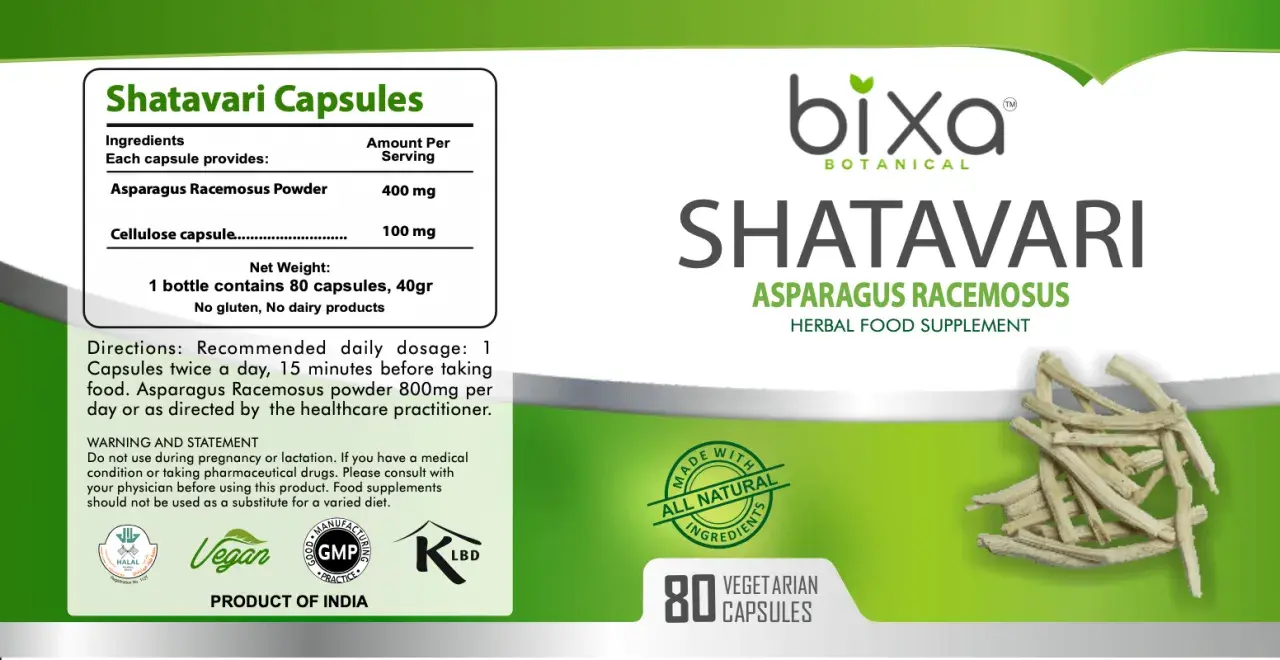 Bixa Shatavari Kapseln mit Asparagus Racemosus Pulver. Die Shatavari Wirkung wird durch die natürlichen Inhaltsstoffe unterstützt. 80 vegetarische Kapseln.