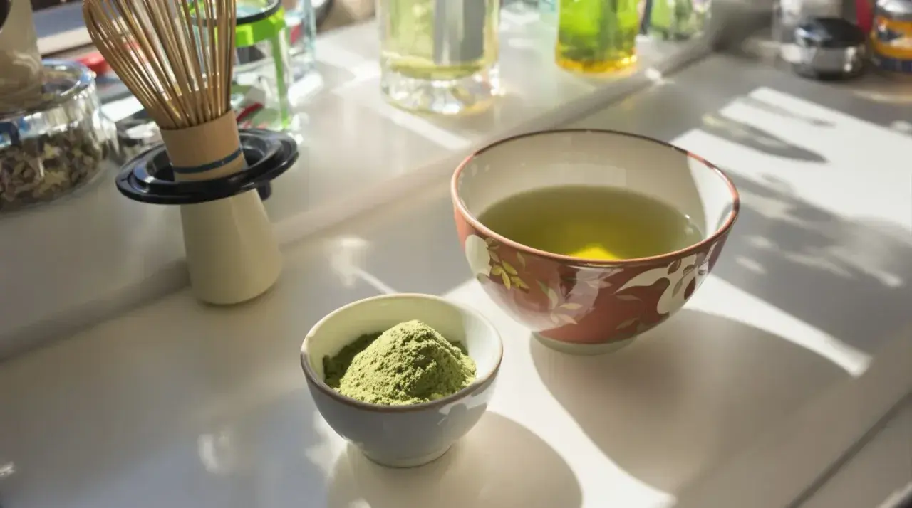 Grüner Sencha Tee, Pulver und aufgebrühter Tee. Die Zubereitung für die belebende Sencha Tee Wirkung.