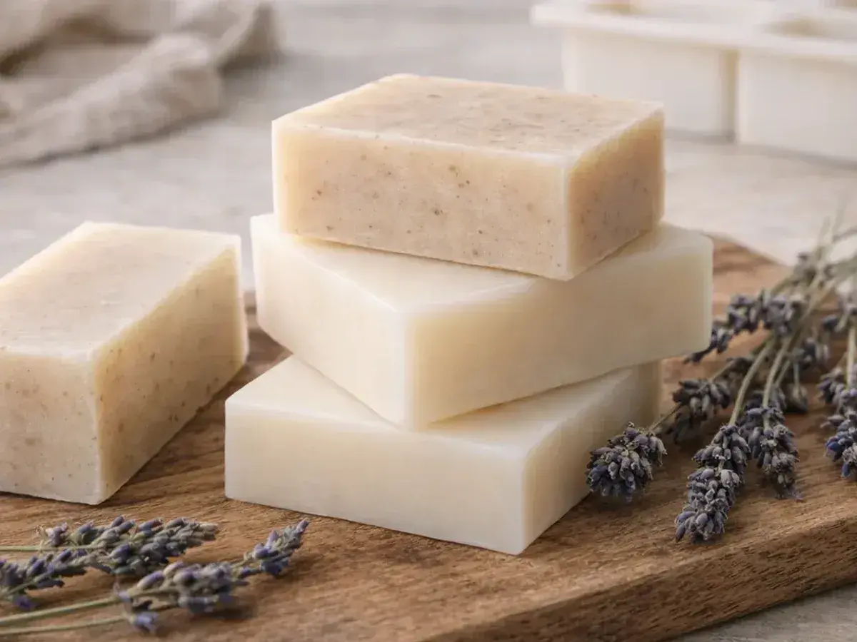 Selbstgemachte Seife aus Kernseife, duftend mit Lavendel. Ein Stück mit Körnern, daneben drei glatte Seifenstücke.