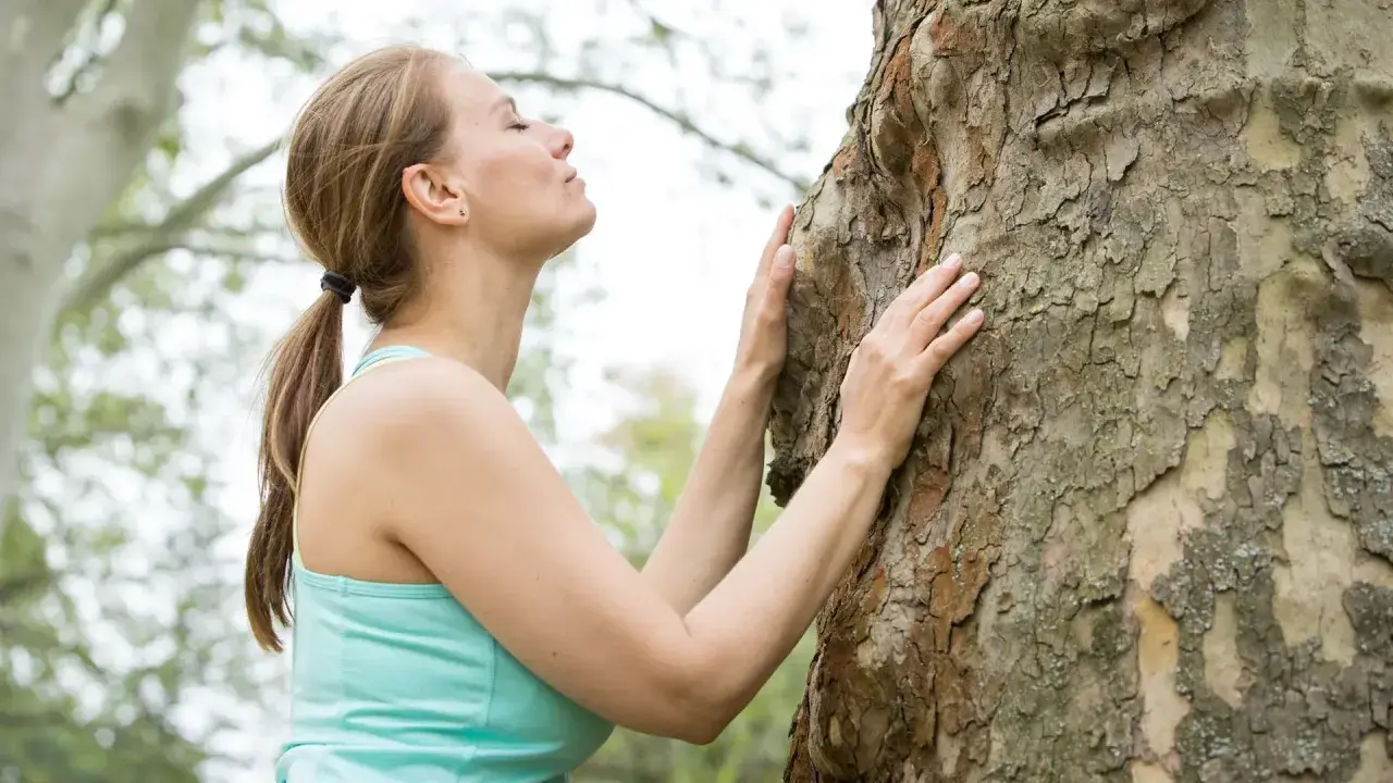 Frau umarmt einen Baum, um achtsam zu sein und die Natur zu spüren.
