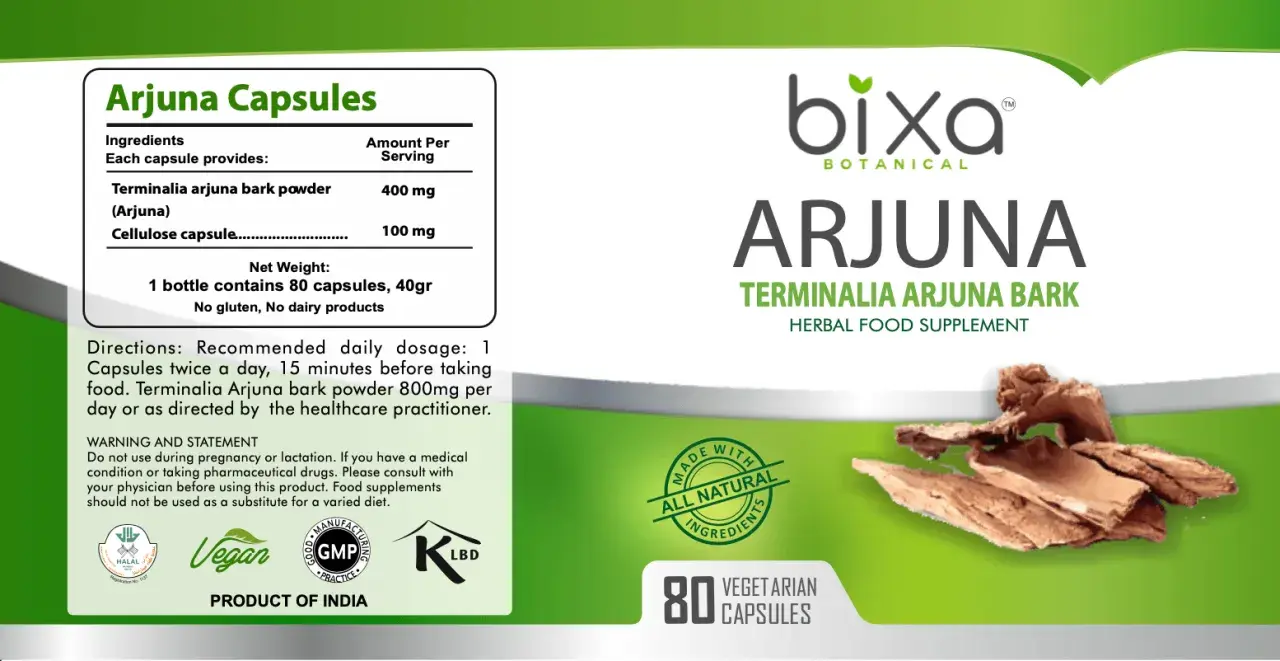 Arjuna Kapseln mit Terminalia Arjuna Rinde, bekannt für ihre positive Arjuna Wirkung auf das Herz. 80 vegetarische Kapseln.