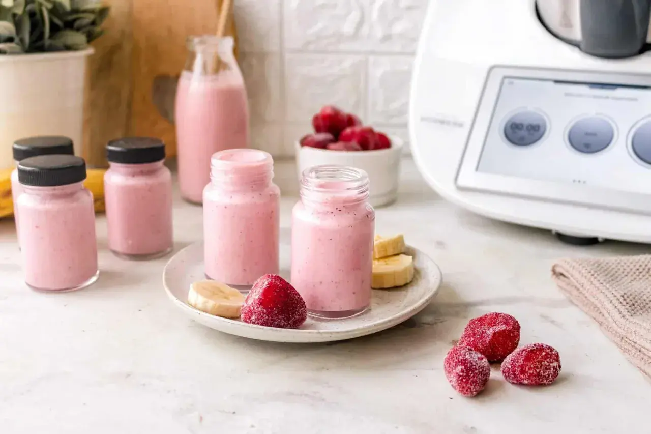 Erfrischender Erdbeer-Bananen-Smoothie, zubereitet im Thermomix. Kleine Gläser mit dem rosa Getränk, garniert mit frischen Früchten.