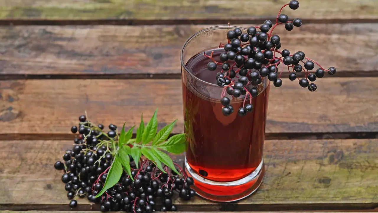 Ein Glas dunkler Holundersaft steht neben frischen Holunderbeeren. Die positive holunder wirkung psyche wird oft durch solche natürlichen Mittel unterstützt.
