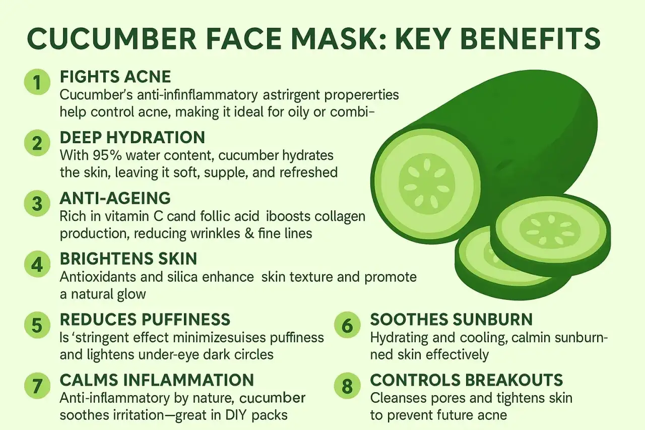 Gurkenmaske selber machen: Vorteile wie Aknebek&auml;mpfung, Feuchtigkeit, Anti-Aging, Hautaufhellung, Schwellungsreduktion, Entz&uuml;ndungshemmung, Sonnenbrandlinderung und Porenkontrolle.