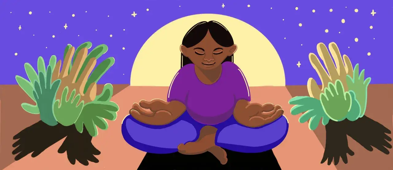 Eine Person meditiert im Lotussitz, w&auml;hrend sich um sie herum wie H&auml;nde wirkende Pflanzen erheben. So macht sich innere Unruhe bemerkbar, die durch Meditation beruhigt wird.