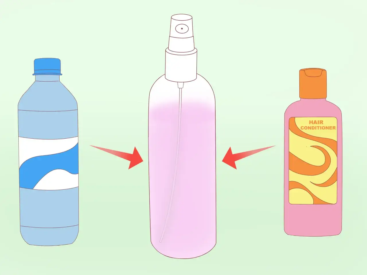 Wasserflasche und Haarsp&uuml;lung werden zu einer Spr&uuml;hflasche gemischt. So einfach ist es, Haarspray selber machen.