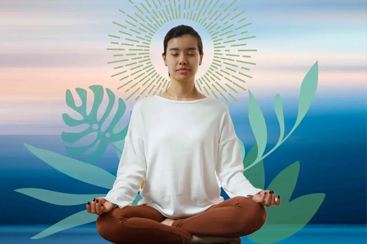 Frau in Meditation, die innere Ruhe f&uuml;r ihre Psyche findet. Ein strahlendes Licht umgibt sie, w&auml;hrend Pflanzen und ein sanfter Horizont die Szene umrahmen.