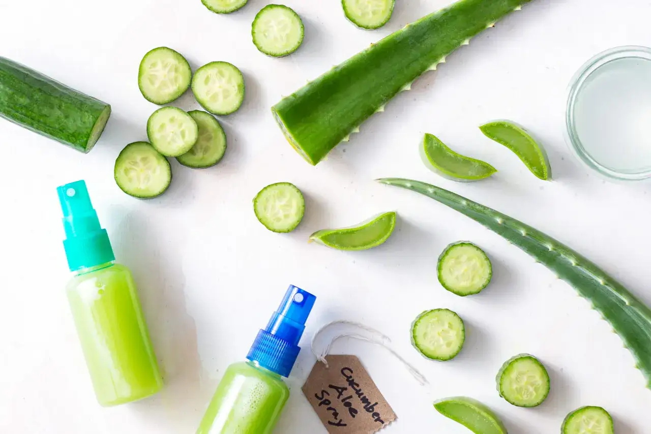 Zutaten für ein erfrischendes Aloe Vera Spray: Gurkenscheiben, Aloe Vera Blätter und fertiges Spray.