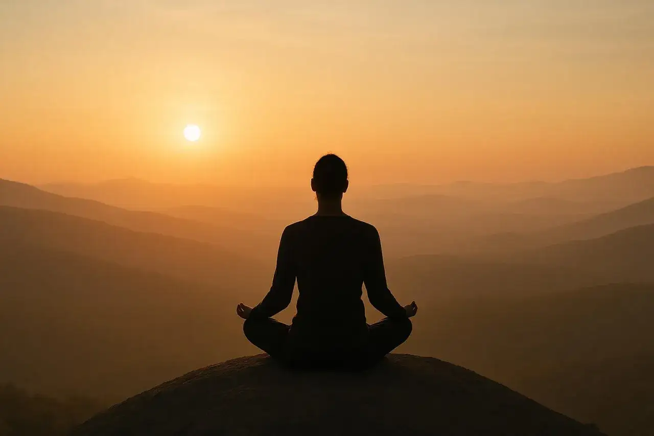 Silhouette einer Person in Meditationshaltung bei Sonnenuntergang &uuml;ber Bergen. Ein Weg, wie werde ich geduldiger.