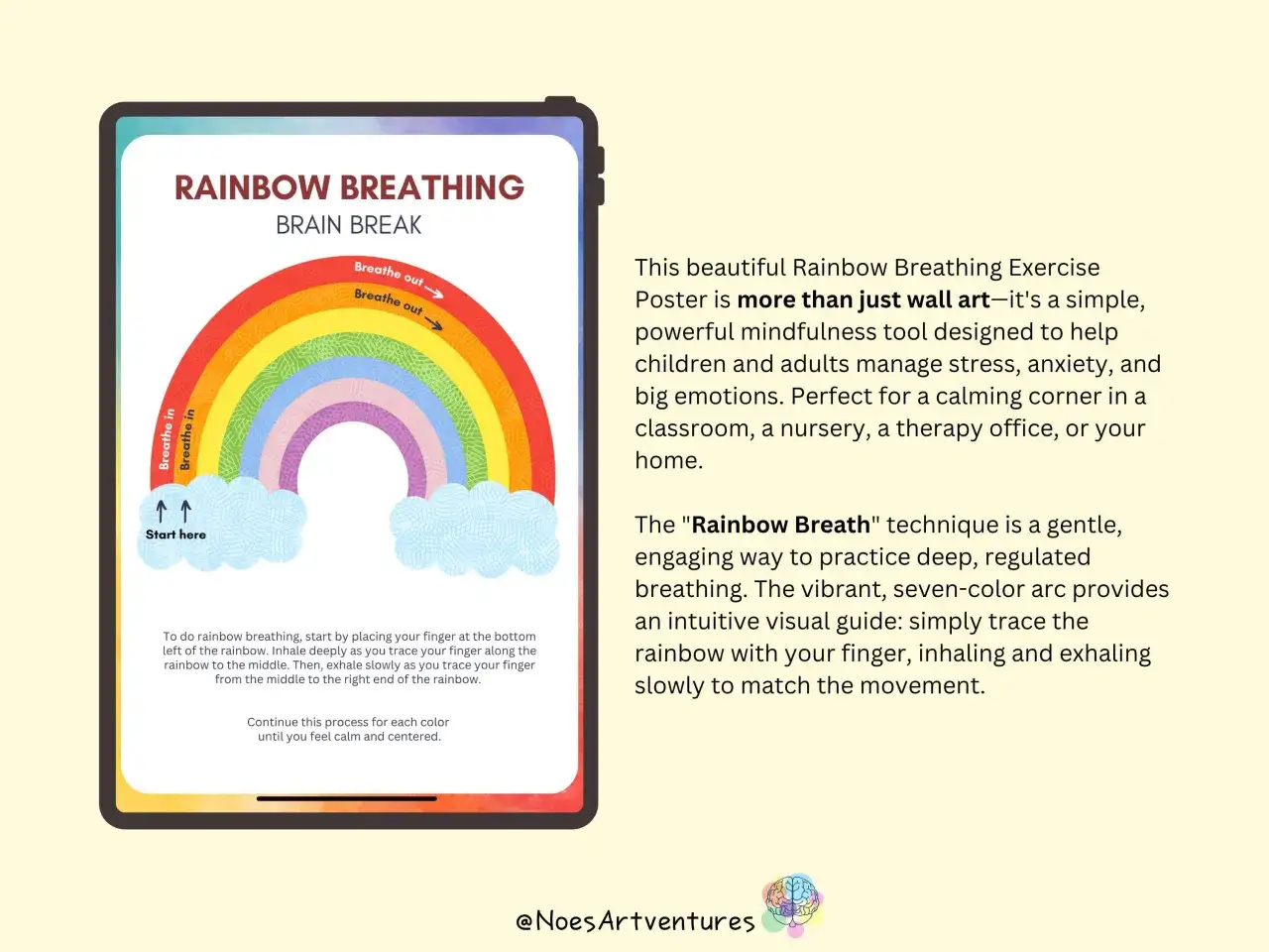 Ein Poster mit einem bunten Regenbogen zur Achtsamkeit am Arbeitsplatz. Es zeigt eine Atem&uuml;bung, um Stress abzubauen.
