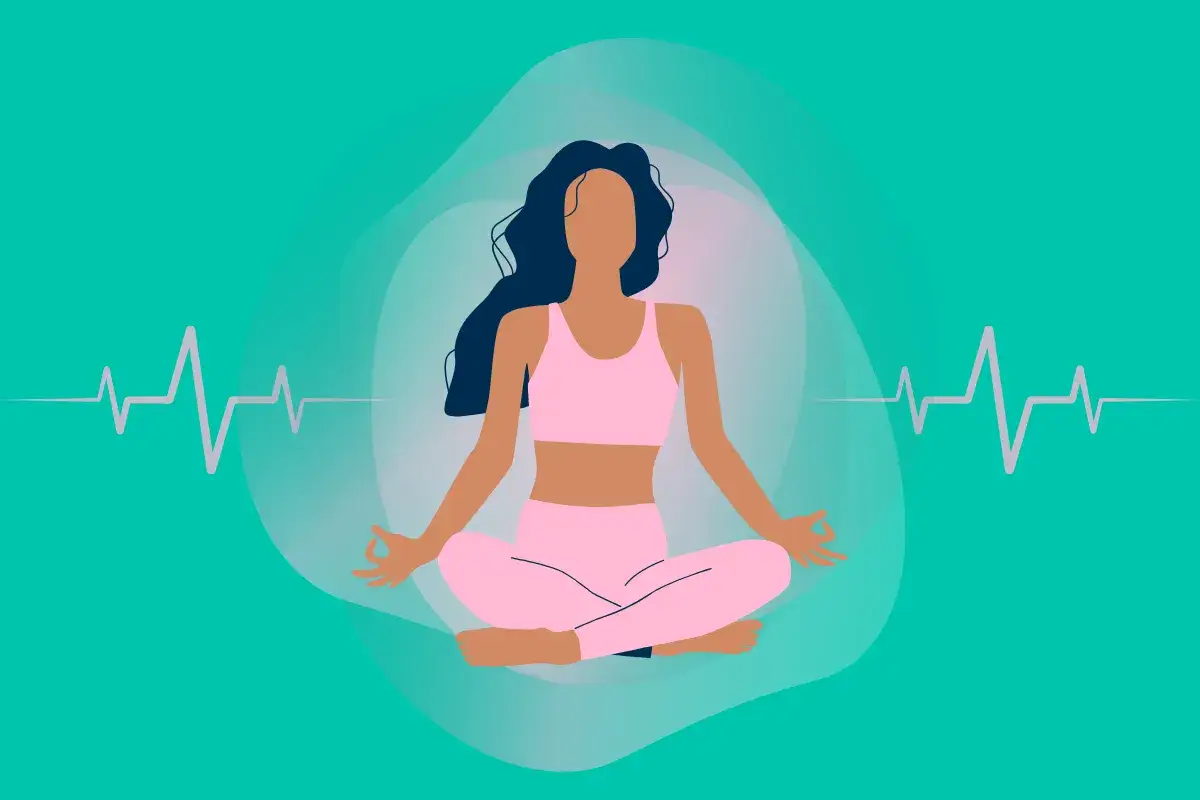 Frau in Pink &uuml;bt Yoga, um psychisch bedingte Atemnot zu lindern. Ein Herzschlag-Symbol symbolisiert innere Ruhe.