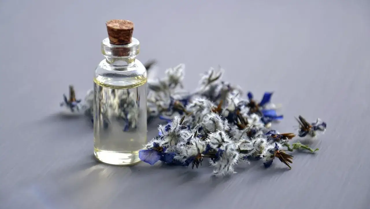 Kleine Glasflasche mit &Ouml;l und getrockneten Kornblumen, ideal f&uuml;r seife basteln.