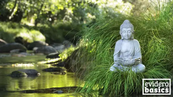 Buddha-Statue im Gras am Flussufer, eine Szene, die Achtsamkeit und eine friedliche Geschichte ausstrahlt.