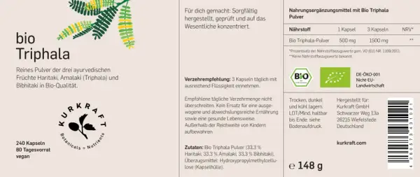Bio Triphala Kapseln: Reines Pulver aus drei Früchten. Die Triphala Wirkung auf die Haut wird in der ayurvedischen Lehre geschätzt. 240 Kapseln, vegan.