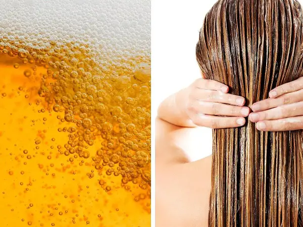 Schaumiges Bier und nasse Haare. Ein Hausmittel gegen Haarausfall: Haare mit Bier waschen.