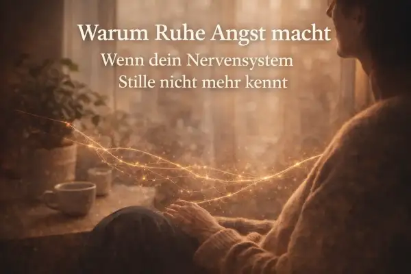 Eine Person blickt nachdenklich aus dem Fenster. Goldene Lichtfäden ziehen sich durch die Szene, die **Angst vor Stille** thematisieren, wenn das Nervensystem Ruhe nicht mehr kennt.
