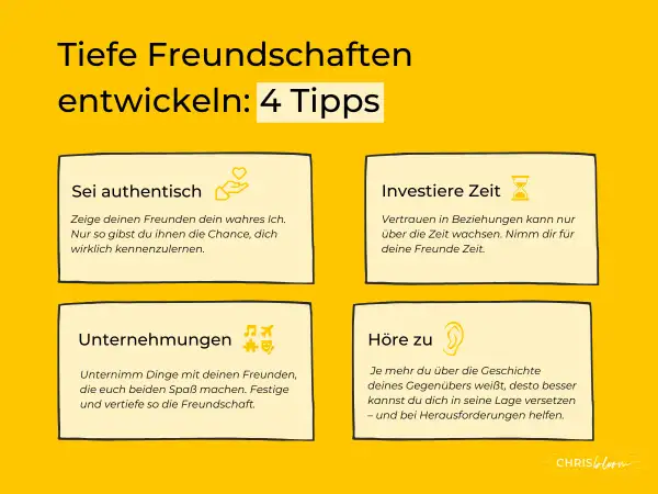 So wie entsteht Freundschaft: Sei authentisch, investiere Zeit, unternehme Dinge und höre zu. 4 Tipps für tiefe Beziehungen.