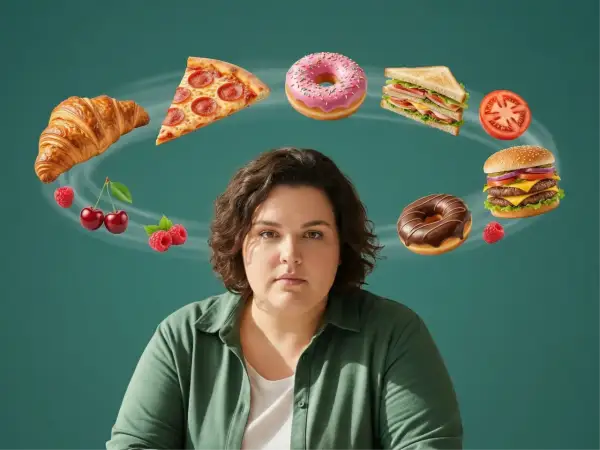 Frau mit ernstem Blick, umgeben von einem Wirbel aus verlockenden Leckereien wie Pizza, Donuts und Burgern. Der **food noise** ist laut.