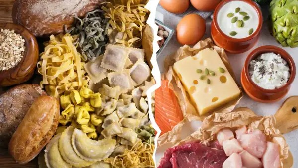 Links: Brot, Nudeln, Haferflocken. Rechts: Eier, Käse, Fisch, Fleisch, Joghurt. So funktioniert Trennkost: Kohlenhydrate und Proteine getrennt essen.