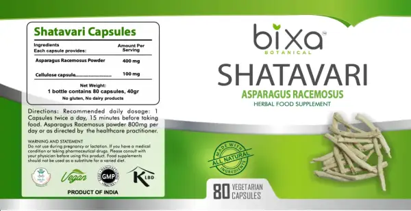 Bixa Shatavari Kapseln mit Asparagus Racemosus Pulver. Die Shatavari Wirkung wird durch die natürlichen Inhaltsstoffe unterstützt. 80 vegetarische Kapseln.