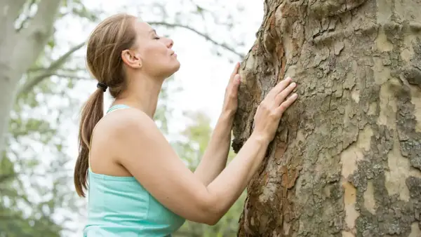 Frau umarmt einen Baum, um achtsam zu sein und die Natur zu spüren.