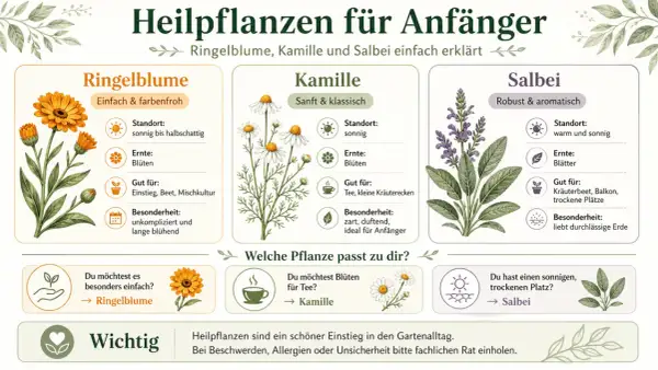 Die 10 wichtigsten Heilpflanzen: Ringelblume, Kamille und Salbei für Anfänger erklärt. Illustrationen zeigen die Pflanzen und ihre Eigenschaften.