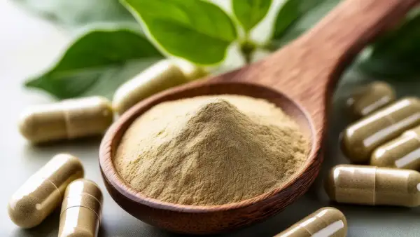 Holzschale mit Pulver einer indischen Heilpflanze, umgeben von Kapseln und grünen Blättern.